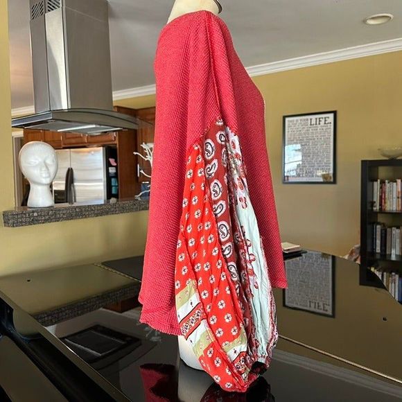 We The Free Waffle Knit Mixed Media Oversized Thermal Drapey Paisley Sleeve Top - Picture 3 of 12